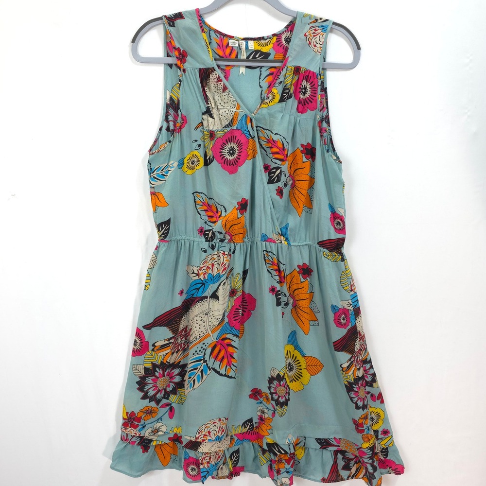 Petticoat Alley 100%‎ Silk Bird Floral Dress L Boho Resort Ruffle Hem Coastal